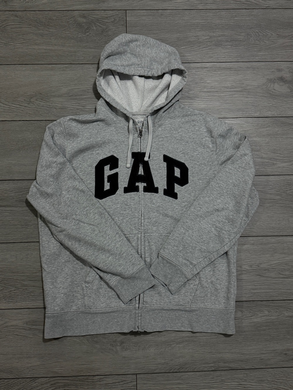 GAP Gray Hooded Zip-Up Sweater with Black Logo